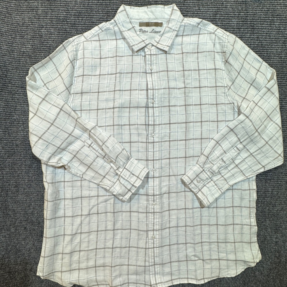 Raffi Pure Linen Button Up Shirt Mens XXL White Plaid Long Sleeve Summer Comfort